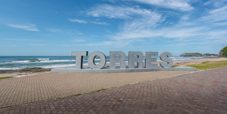 Torres City Sign at Prainha Beach with Furnas Hill (Morro das Furnas) - Torres, Rio Grande do Sul,...