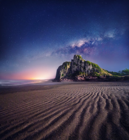 Guarita Beach and Night Sky with Milky Way - Torres, Rio Grande do Sul, Brazilの写真素材