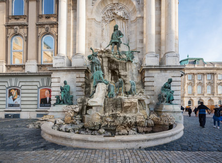 Budapest, Hungary - Oct 20, 2019: Matthias Fountain in Hunyadi courtyard at Buda Castle Royal Palace - Budapest, Hungaryのeditorial素材