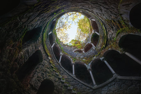Sintra, Portugal - Feb 21, 2020: Initiation Well at Quinta da Regaleira - Sintra, Portugalのeditorial素材