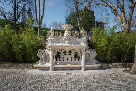 Sintra, Portugal - Feb 21, 2020: Ornate Bench at Quinta da Regaleira gardens - Sintra, Portugalのeditorial素材