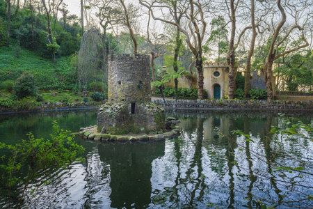 Sintra, Portugal - Feb 21, 2020: Valley of Lakes and duck houses at Pena Palace Park - Sintra, Portugalのeditorial素材