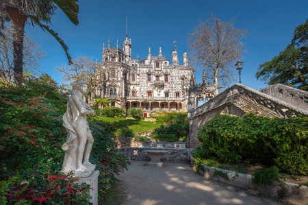 Sintra, Portugal - Feb 21, 2020: Hermes Statue at Gods Promenade and Palace of Quinta da Regaleira gardens - Sintra, Portugalのeditorial素材