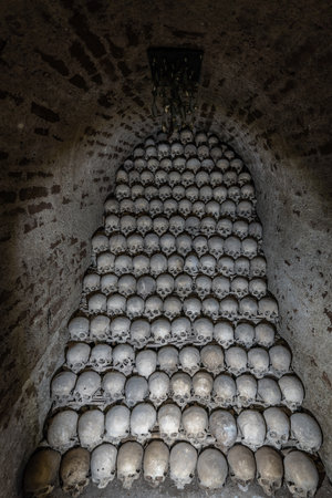 Brno, Czechia - Oct 6, 2019: Human Skulls of Brno Ossuary underneath St. James Church - Brno, Czech Republicのeditorial素材