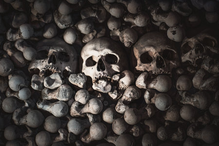 Kutna Hora, Czechia - Sep 27, 2019: Skulls at Sedlec Ossuary Interior - Kutna Hora, Czech Republicのeditorial素材