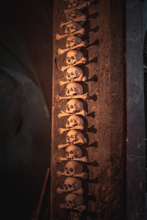 Kutna Hora, Czechia - Sep 27, 2019: Details at Sedlec Ossuary Interior - Kutna Hora, Czech Republicのeditorial素材