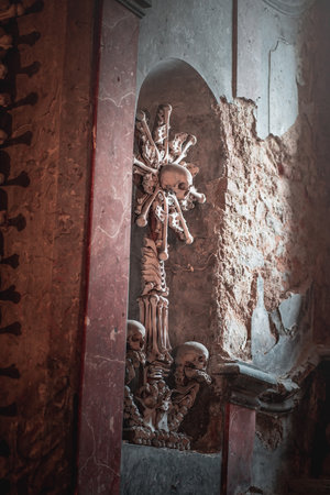 Kutna Hora, Czechia - Sep 27, 2019: Details at Sedlec Ossuary Interior - Kutna Hora, Czech Republicのeditorial素材