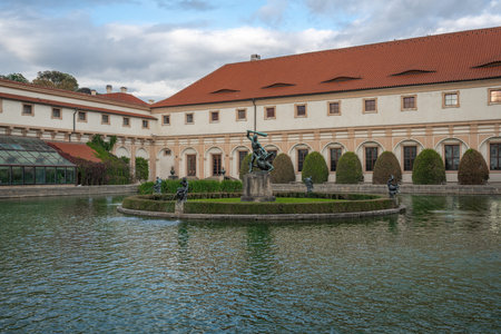 Prague, Czechia - Sep 26, 2019: Pond at Wallenstein Garden with Hercules fountain - Prague, Czech Republicのeditorial素材