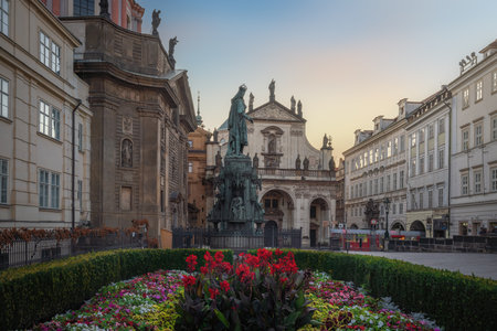 Prague, Czechia - Sep 28, 2019: Krizovnicke Square with Charles IV Statue and St. Salvator Church - Prague, Czech Republicのeditorial素材