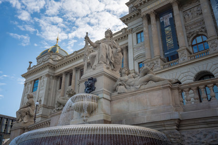 Prague, Czechia - Sep 26, 2019: Wenceslas Fountain at Wenceslas Square in front of National Museum - Prague, Czech Republicのeditorial素材