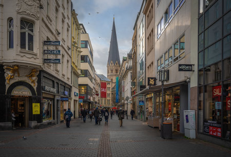 Bonn, Germany - Jan 29, 2020: Remigiusstrasse busy street and Bonn Minster church - Bonn, Germanyのeditorial素材