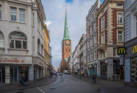 Lubeck, Germany - Jan 10, 2020: Lubeck Street and St. Jacob Church - Lubeck, Germanyのeditorial素材