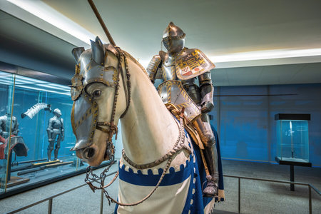 Nuremberg, Germany - Dec 09, 2019: Knight on armor and horseback at Germanisches National Museum (Germanic National Museum) Interior - Nuremberg, Bavaria, Germanyのeditorial素材