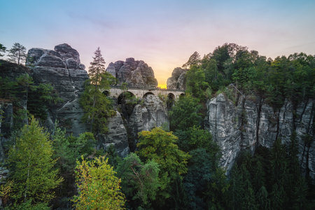 Bastei Bridge (Basteibrucke) at sunset - Bastei, Saxony, Germanyの写真素材
