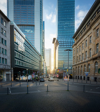 Frankfurt, Germany - Jan 23, 2020: Omniturm Tower and Grosse Gallusstrasse Street at Bankenviertel business district - Frankfurt, Germanyのeditorial素材