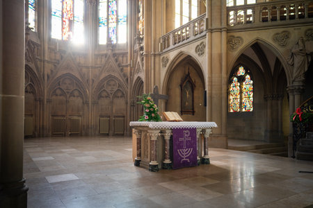 Stuttgart, Germany - Dec 17, 2019: Altar at St. John Church (Johanneskirche) Interior - Stuttgart,...