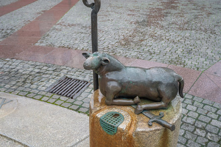 Lamb Sculpture detail of Water Clock Fountain (Wasseruhrbrunnen) at Willy-Brandt-Platz Square - Trier, Germanyのeditorial素材