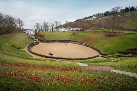 Aerial view of Trier Amphitheater Arena - old Roman Ruins - Trier, Germanyのeditorial素材