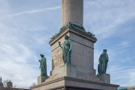 Trade and commerce detail of Jubilee Column (Jubilaumssaule) at Schlossplatz Square - Stuttgart, Germanyのeditorial素材