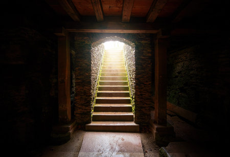 Stairs of Underground corridors at Trier Amphitheater - old Roman Ruins - Trier, Germanyのeditorial素材