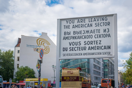 Berlin, Germany - Sep 5, 2019: Sign Leaving American Sector at Checkpoint Charlie - Berlin, Germanyのeditorial素材