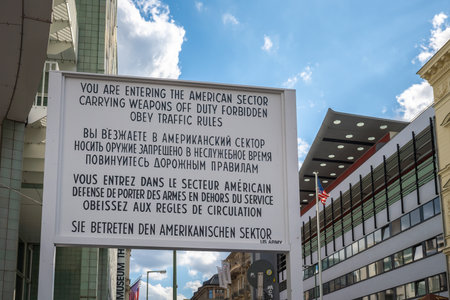 Berlin, Germany - Sep 5, 2019: Sign Entering American Sector at Checkpoint Charlie - Berlin, Germanyのeditorial素材