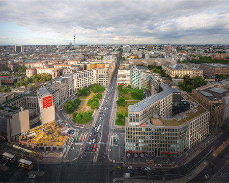 Berlin, Germany - Sep 5, 2019: Aerial view of Leipziger Platz Octagonal Square and Berlin Skyline - Berlin, Germanyのeditorial素材