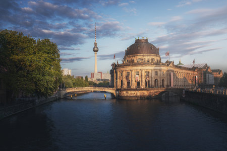 Berlin, Germany - Sep 4, 2019: Bode Museum and TV Tower (Fernsehturm) at sunset - Berlin, Germanyのeditorial素材