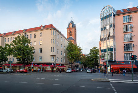 Berlin, Germany - Sep 12, 2019: Sonnenallee Street and Martin Luther Church Tower at Neukolln - Berlin, Germanyのeditorial素材