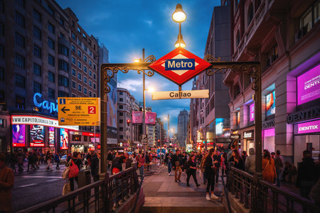 Madrid, Spain - Mar 23, 2019: Callao Station entrance of Madrid Metro at Gran Via Street - Madrid, Spainのeditorial素材