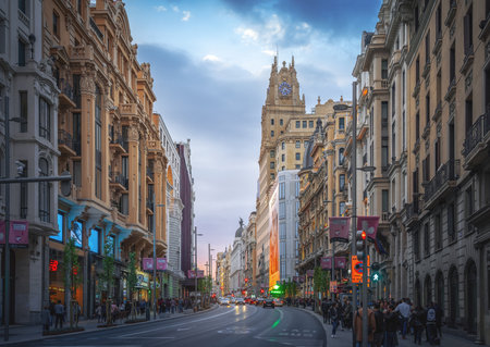 Madrid, Spain - Mar 23, 2019: Gran Via Street and Telefonica Building - Madrid, Spainのeditorial素材