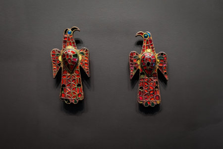 Madrid, Spain - Jun 18, 2019: Visigothic Pair of eagle brooches at National Archaeological Museum - Madrid, Spainのeditorial素材