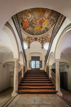 Malaga, Spain - May 19, 2019: Imperial stairs at Bishops Palace (Episcopal Palace) Interior - Malaga, Andalusia, Spainのeditorial素材