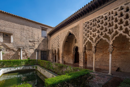 Seville, Spain - Apr 3, 2019: Patio del Yeso (Plaster Yard) at Alcazar (Royal Palace of Seville) - Seville, Andalusia, Spainのeditorial素材