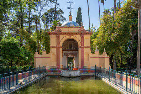 Seville, Spain - Apr 3, 2019: Lion Pavilion (Cenador del Leon) at Alcazar Gardens (Royal Palace of Seville) - Seville, Andalusia, Spainのeditorial素材
