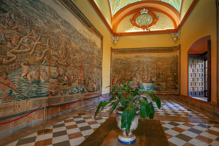 Seville, Spain - Apr 3, 2019: Tapestries Hall (Salon de los Tapices) at Alcazar (Royal Palace of Seville) - Seville, Andalusia, Spainのeditorial素材