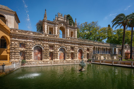 Seville, Spain - Apr 3, 2019: Mercury Pond (Estanque de Mercuryo) at Alcazar Gardens (Royal Palace of Seville) - Seville, Andalusia, Spainのeditorial素材