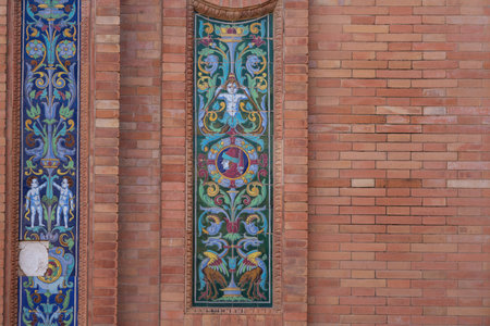 Seville, Spain - Apr 5, 2019: Decorative tiles at Plaza de Espana - Seville, Andalusia, Spainのeditorial素材