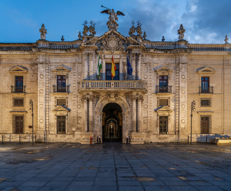 Seville, Spain - Apr 6, 2019: University of Seville at night - Seville, Andalusia, Spainのeditorial素材