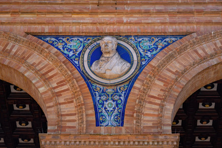 Seville, Spain - Apr 5, 2019: Decorative Medallion with the effigy of Francisco Goya at Plaza de Espana - Seville, Andalusia, Spainのeditorial素材