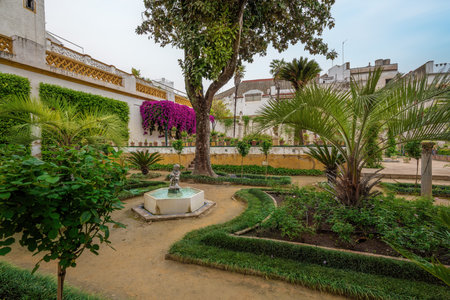 Seville, Spain - Apr 7, 2019: Small Garden (Jardin Chico) at Casa de Pilatos (Pilates House) Palace Interior - Seville, Andalusia, Spainのeditorial素材
