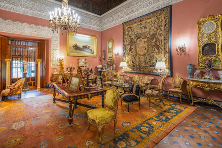Seville, Spain - Apr 7, 2019: Salon Cuadrado (Square room) at Las Duenas Palace (Palacio de las Duenas) - Seville, Andalusia, Spainのeditorial素材