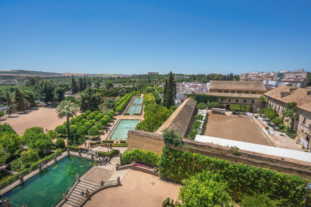 Cordoba, Spain - Jun 11, 2019: Aerial view of Alcazar de los Reyes Cristianos with Gardens and Royal Stables - Cordoba, Andalusia, Spainのeditorial素材