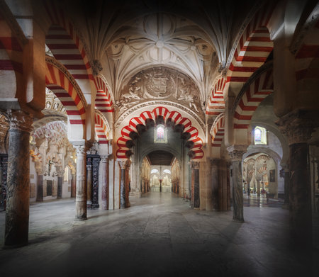 Cordoba, Spain - Jun 10, 2019: White and Red Multifoil Arch at Al-Hakam II Expasion area of MosqueâCathedral of Cordoba - Cordoba, Andalusia, Spainのeditorial素材