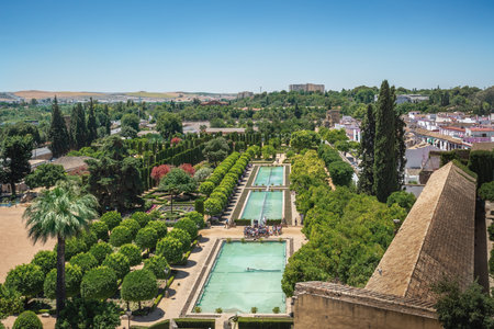 Cordoba, Spain - Jun 11, 2019: Aerial view of the Gardens of the Alcazar de los Reyes Cristianos - Cordoba, Andalusia, Spainのeditorial素材