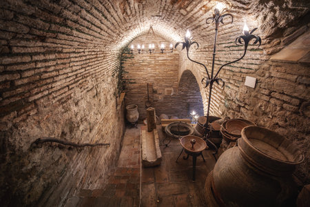 Cordoba, Spain - Jun 11, 2019: Casa Andalusi (House of Andalusia) Basement with old jars and instruments - Cordoba, Andalusia, Spainのeditorial素材