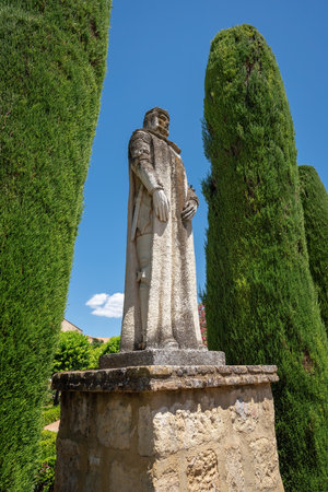 Cordoba, Spain - Jun 11, 2019: King Statue at Paseo de los Reyes (Promenade of Kings) in Alcazar de los Reyes Cristianos Gardens - Cordoba, Andalusia, Spainのeditorial素材