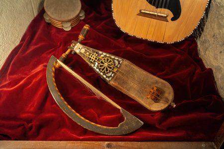 Cordoba, Spain - Jun 11, 2019: Rebab - Andalusian Musical instrument at Alive Museum of Al-Andalus in Calahorra Tower - Cordoba, Andalusia, Spainのeditorial素材