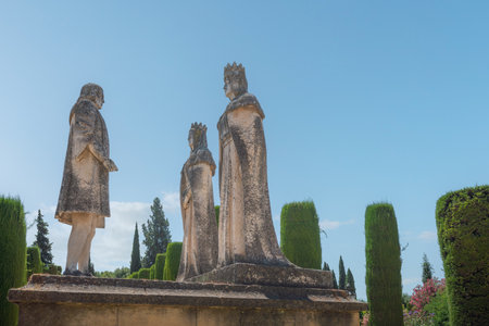 Cordoba, Spain - Jun 11, 2019: Catholic Kings and Columbus Monument at Alcazar de los Reyes Cristianos - Cordoba, Andalusia, Spainのeditorial素材