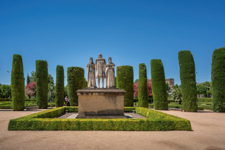 Cordoba, Spain - Jun 11, 2019: Catholic Kings and Columbus Monument at Alcazar de los Reyes Cristianos - Cordoba, Andalusia, Spainのeditorial素材